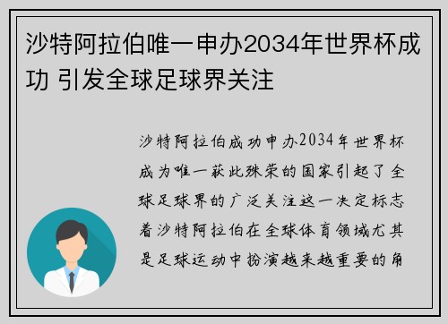 沙特阿拉伯唯一申办2034年世界杯成功 引发全球足球界关注