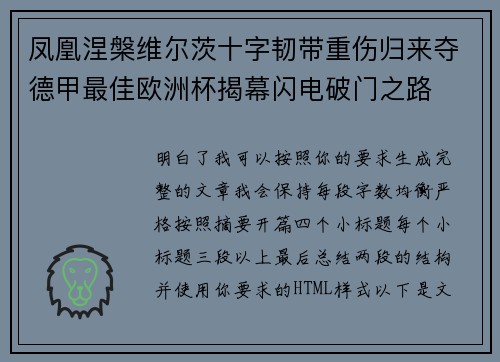 凤凰涅槃维尔茨十字韧带重伤归来夺德甲最佳欧洲杯揭幕闪电破门之路