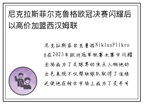 尼克拉斯菲尔克鲁格欧冠决赛闪耀后以高价加盟西汉姆联